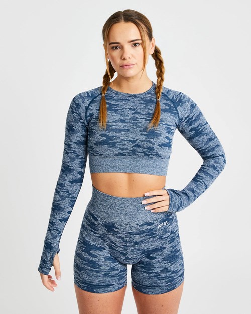 AYBL Evolve Camo Seamless Long Sleeve Crop Top Teal | MGKWJ8907